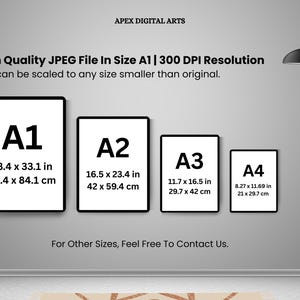 May include: A graphic showing four framed print sizes: A1 (23.4 x 33.1 in), A2 (16.5 x 23.4 in), A3 (11.7 x 16.5 in), and A4 (8.27 x 11.69 in). The text indicates high-quality JPEG files at 300 DPI resolution, scalable to smaller sizes.