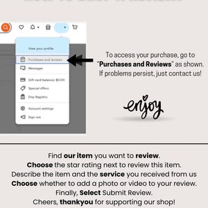 May include: A guide titled "HOW TO DROP A REVIEW?" shows steps to review a purchase. It includes a screenshot of an online shop's profile, highlighting "Purchases and Reviews." Instructions are provided, ending with "Select Submit Review."