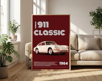 Arte mural del Porsche 911, póster de coche clásico de 1964, impresión retro del 911, decoración vintage de Porsche, coche deportivo alemán, regalo para aficionados a los coches, arte rupestre.