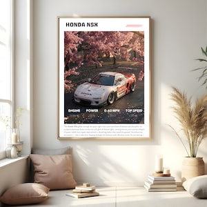 May include: A framed print featuring a white and red Honda NSX sports car racing on a road lined with pink cherry blossom trees. The print includes the text "HONDA NSX" at the top and technical specifications at the bottom.