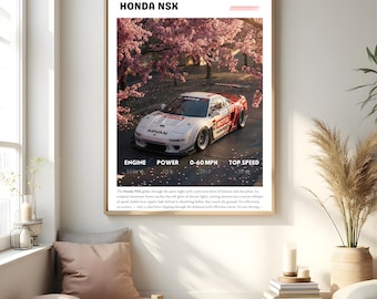 May include: A framed print featuring a white and red Honda NSX sports car racing on a road lined with pink cherry blossom trees. The print includes the text "HONDA NSX" at the top and technical specifications at the bottom.