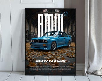 Affiche BMW M3 E30, art mural BMW classique, impression de voiture rétro, décoration de garage de style JDM, affiche automobile minimaliste, téléchargement numérique