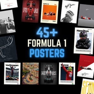 May include: A collection of 45+ Formula 1 posters featuring various race cars, drivers like Senna and Hamilton, circuit maps, and racing scenes. The posters display diverse color palettes, including red, white, black, and orange, with text labels.