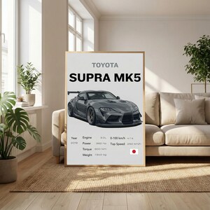 以下が含まれることがあります： グレーのトヨタスープラMK5の車が描かれた額入りのポスター。ポスターには、3.0Lエンジン、382馬力、0-100km/hは4.1秒、最高速度250km/h、重量1540kgなどの仕様が含まれています。日本の国旗も表示されています。