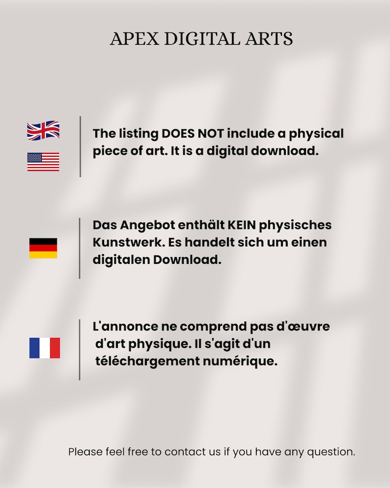 May include: A digital art listing from Apex Digital Arts. The image includes text in English stating that the listing is a digital download and does not include a physical piece of art. The image also includes the flags of the UK and the USA.