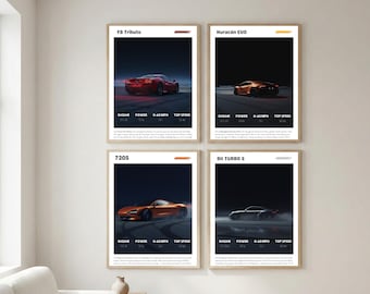 Dark Supercar Poster Set for Car Enthusiasts, Ferrari, Lamborghini, Mclaren, Porsche, Aesthetic Wall Art, Car Spec Prints, Digital Download