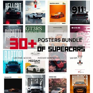May include: A bundle of supercar posters, including a black Hellcat, a white Porsche 911, and an orange Toyota Supra. The posters are labeled with car models and the text "POSTERS BUNDLE OF SUPERCARS".