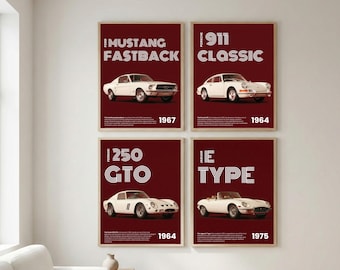 Juego de 4 láminas de coches clásicos, arte mural de coches deportivos vintage, pósteres de Porsche, Ferrari, Mustang y Jaguar, decoración para la cueva del hombre, paquete de arte mural automotriz.