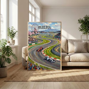 May include: A framed artwork depicting a Formula 1 race at Suzuka Circuit. The painting shows race cars on a winding track, with a Ferris wheel, Mount Fuji, and spectators. The sky is blue with clouds, and the track is surrounded by green grass.