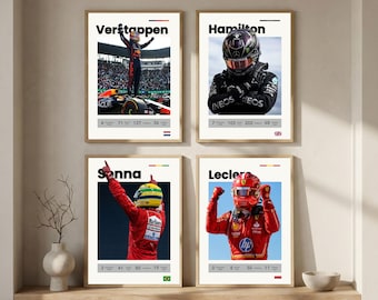 F1 Drivers Poster Set for F1 Lovers, Verstappen, Hamilton, Senna, Leclerc, Formula 1 Wall Art, Stats Poster, Garage decor, Digital Download