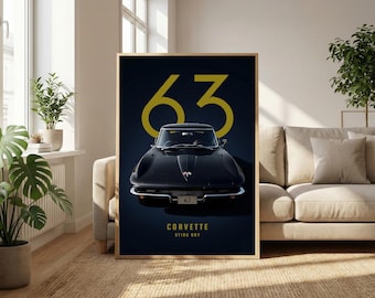 1963 Corvette Sting Ray Poster | Black C2 Wall Art | Classic American Muscle Print | Retro Garage Decor | Gift for Dad | Digital Download