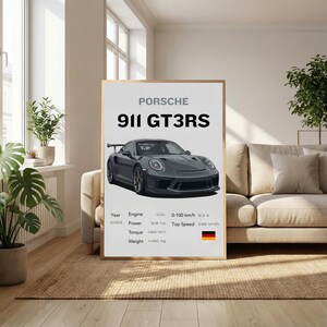May include: A framed poster featuring a gray Porsche 911 GT3RS sports car. The poster includes the car's specifications: year 2022, 518 hp, 486 Nm torque, and a weight of 1450 kg. The poster is displayed in a living room setting.