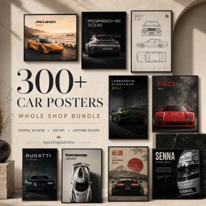 May include: A digital collection of 300+ car posters featuring various luxury vehicles including McLaren, Porsche, BMW, Lamborghini, Ferrari, Bugatti, Koenigsegg, and Toyota. The display includes text labels for each car model and brand.