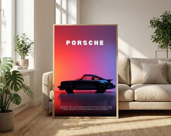 Porsche 911-affisch, Vaporwave-väggkonst, neon 80-talsbiltryck, synthwave-dekor, rosa lila toning, retro sportbilspresent, spelrumskonst