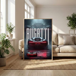 Może przedstawiać: Oprawiony plakat z samochodem Bugatti z białym napisem "BUGATTI". Samochód jest srebrno-czarny, z czerwonymi światłami tylnymi. Plakat jest wystawiony w salonie.