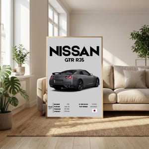 Puede incluir: Un póster enmarcado con un coche Nissan GTR R35 gris. El póster incluye las especificaciones del coche: motor, potencia, par, peso, tiempo de 0-100 km/h y velocidad máxima. El texto "NISSAN GTR R35" está en la parte superior. Medidas métricas.