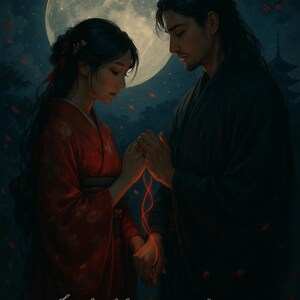 May include: Digital art print of a couple holding hands under a full moon. The woman wears a red kimono, and the man wears a black robe. A red string connects their hands. Text reads, "In this lifetime... or the next... In any lifetime..."