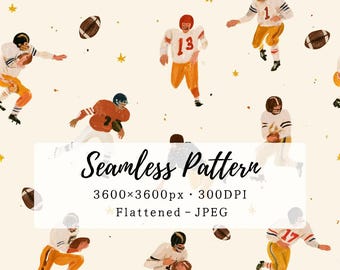 May include: A seamless pattern featuring illustrations of American football players in various poses, wearing white and orange uniforms with helmets, interspersed with brown footballs and small yellow stars on a cream background. Text reads Seamless Pattern 3600x3600px 300DPI Flattened - JPEG.