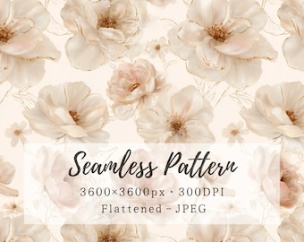 Może przedstawiać: Bezszwowy wzór przedstawiający kwiaty w kolorze kremowym z delikatnymi złotymi konturami i środkami. Obraz zawiera tekst: Seamless Pattern, 3600x3600px, 300DPI, Flattened - JPEG, wyśrodkowany na kwiatowym wzorze.