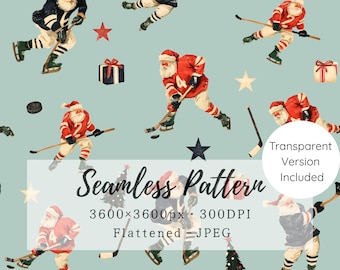 Hockey Santa Seamless Pattern, Vintage Christmas Ice Hockey Repeat Digital Paper, Holiday Fabric, Transparent PNG Included, Commercial Use