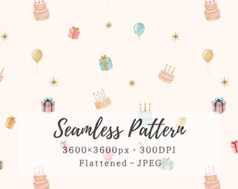 Birthday Seamless Pattern, Watercolor Cake Balloon Gift Repeat Digital Paper, Pastel Party Fabric Design, Kids Birthday, Commercial Use