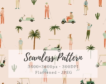 May include: A seamless pattern on a light pink background featuring illustrations of people playing golf, golf carts, palm trees, and cacti. The text reads Seamless Pattern 3600x3600px 300DPI Flattened - JPEG.
