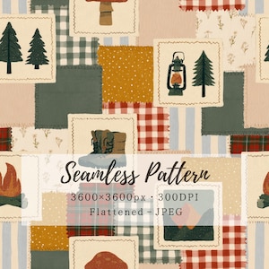 Könnte beinhalten: Ein nahtloses Muster mit einem Patchwork-Design aus Quadraten mit gezackten Rändern. Die Illustrationen zeigen Kiefern, eine Laterne, Wanderstiefel, ein Lagerfeuer und Berge. Die Farbpalette besteht aus gedämpften Grün-, Rot- und Beigetönen.