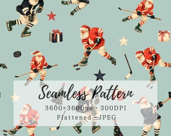 Hockey Santa Seamless Pattern, Vintage Christmas Ice Hockey Repeat Digital Paper, Holiday Fabric, Transparent PNG Included, Commercial Use