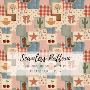 Può includere: Un motivo senza cuciture con un design patchwork di quadrati che illustrano cappelli da cowboy, stivali, cactus, ciliegie, fiocchi, stelle e mazzi di fiori in tonalità rosa, blu e rosso. Il testo recita: Seamless Pattern 3600x3600px 300DPI Flattened - JPEG.