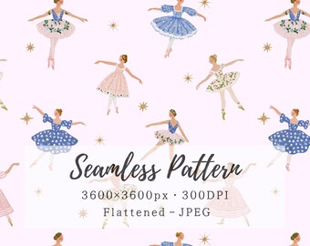 Ballerina Seamless Pattern, Nutcracker Ballet Christmas Repeat Digital Paper, Fairy Dancers Fabric Design, Pink Blue, Commercial Use