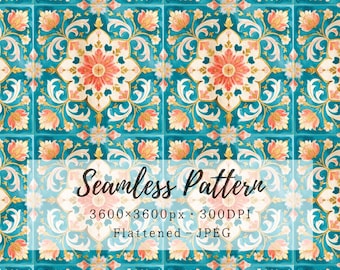 Może przedstawiać: Bezszwowy wzór z powtarzającym się motywem kwiatowym w odcieniach koralu, kremu i turkusu. Tekst głosi: Seamless Pattern, 3600x3600px, 300DPI, Flattened - JPEG. Wzór składa się z symetrycznych kwiatów i wijących się liści.