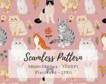 Może przedstawiać: Bezszwowy wzór przedstawiający różne rasy kotów i małe ilustracje kwiatowe na pudrowo-różowym tle. Tekst brzmi Seamless Pattern 3600x3600px 300DPI Flattened - JPEG. Koty są przedstawione w kolorze białym, pomarańczowym, szarym i czarnym.