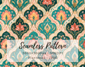 Może przedstawiać: Bezszwowy wzór z misternym, łukowatym motywem w kolorach morskiej zieleni, koralu i złota. Tekst głosi: Seamless Pattern, 3600x3600px, 300DPI, Flattened - JPEG. Powtarzający się wzór zawiera stylizowane elementy kwiatowe.