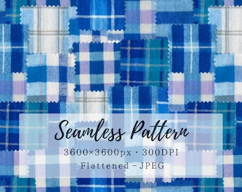 Może przedstawiać: Bezszwowy wzór przedstawiający patchwork z kwadratów materiału w niebieską, jasnoniebieską i białą kratę. Tekst głosi: Seamless Pattern, 3600x3600px, 300DPI, Flattened - JPEG. Wzór składa się z różnych przecinających się linii siatki.