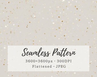 Może przedstawiać: Jasnobeżowe tło cyfrowe z bezszwowym wzorem drobnych złotych i białych drobinek brokatu. Biały prostokąt zawiera tekst: Seamless Pattern, 3600x3600px, 300DPI, Flattened - JPEG.