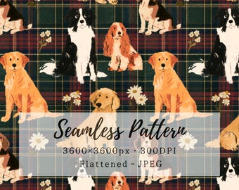 Może przedstawiać: Wzór bezszwowy przedstawiający różne rasy psów, w tym golden retrievery, beagle i border collie, przeplatane białymi stokrotkami na ciemnozielonym i czerwonym tle w kratę. Tekst brzmi Seamless Pattern 3600x3600px 300DPI Flattened - JPEG.