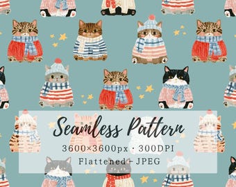 Może przedstawiać: Bezszwowy wzór z ilustrowanymi kotami w swetrach, szalikach i czapkach na turkusowym tle z żółtymi gwiazdkami. Tekst głosi: Seamless Pattern, 3600x3600px, 300DPI, Flattened JPEG.