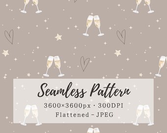 Może przedstawiać: Bezszwowy wzór przedstawiający pary kieliszków do szampana, ręcznie rysowane serca i czteroramienne gwiazdy na taupe tle. Tekst głosi: Seamless Pattern, 3600x3600px, 300DPI, Flattened - JPEG.