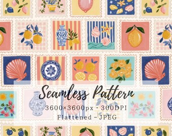 Postage Stamp Seamless Pattern, Mediterranean Lemon Shell Blue Pottery Repeat Digital Paper, Summer Vacation Fabric Design, Commercial Use