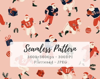 May include: A seamless pattern on a light pink background featuring illustrations of Santa Claus figures dressed in football uniforms, gift boxes, and holiday ornaments. The text reads Seamless Pattern, 3600x3600px, 300DPI, and Flattened - JPEG.