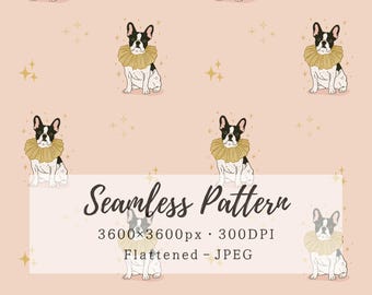 Może przedstawiać: Bezszwowy wzór z ilustracjami buldogów francuskich w złotych kryzach na jasnoróżowym tle z małymi złotymi gwiazdkami. Tekst głosi: Seamless Pattern, 3600x3600px, 300DPI, Flattened - JPEG.