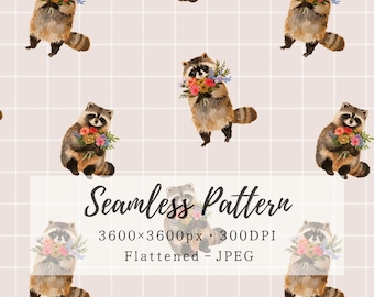 Może przedstawiać: Wzór bezszwowy przedstawiający ilustrowane szopy trzymające kolorowe bukiety kwiatów na jasnoróżowym tle w kratkę. Tekst Seamless Pattern 3600x3600px 300DPI Flattened JPEG jest nałożony na środek obrazu.