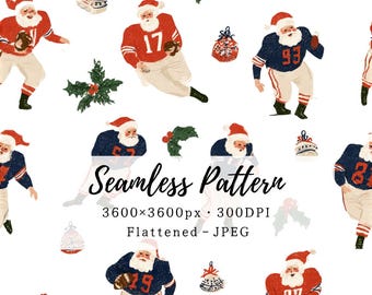 May include: A seamless pattern featuring illustrations of Santa Claus figures dressed in football uniforms with red or blue jerseys, white trousers, and Santa hats, interspersed with green holly sprigs and decorative ornaments on a white background.