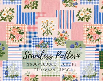 Floral Patchwork Seamless Pattern, Gingham Stripe Plaid Quilt Digital Paper, Pink Blue Green Gouache Fabric Print, Commercial Use