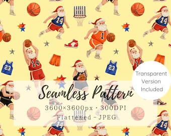 Basketball Santa Seamless Pattern, Vintage Christmas Sports Repeat Digital Paper, Holiday Fabric, Transparent PNG Included, Commercial Use