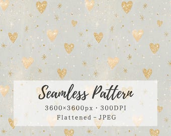 Może przedstawiać: Bezszwowy wzór z sercami ze złotego brokatu i małymi gwiazdkami na jasnoszarym tle. Biały prostokątny pasek zawiera czarny tekst: Seamless Pattern, 3600x3600px, 300DPI, Flattened - JPEG.