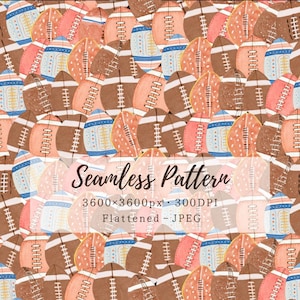 Puede incluir: Un patrón continuo con una ilustración en acuarela de balones de fútbol americano en varios colores, incluyendo marrón, coral y azul con cordones blancos. La imagen incluye el texto Seamless Pattern 3600x3600px 300DPI Flattened JPEG.