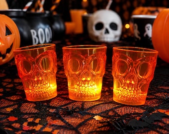 Light Up Skull Shot Glasses, Orange LED Halloween Party Cups, Spooky Barware