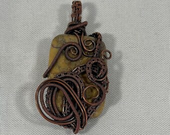 Wire Wrapped Pendant, Copper wire with natural yellow/ green Jasper gemstone center