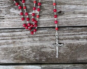 Rosary Red ruby Bead Rosary, Rosary Necklace, Catholic Rosary, Confirmation gift, Five Decade Rosary